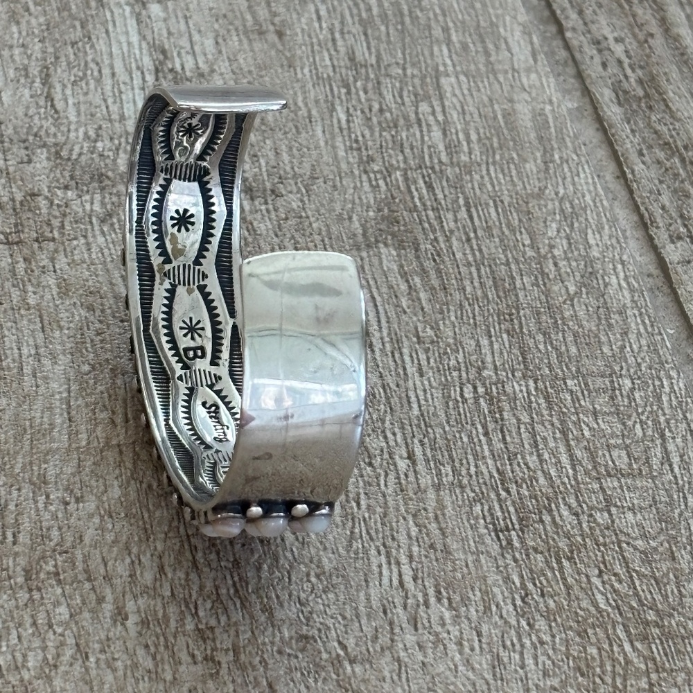 Mother of Pearl Navajo 3 Row Penny Dot Sterling Silver Cuff Bracelet - Picture 6 of 8